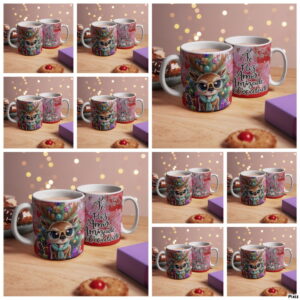 Duas canecas estampadas com rena de óculos e texto sobre fundo rosa.