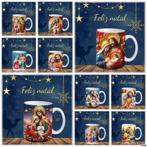 Várias canecas com estampas da sagrada família em fundo azul escuro estrelado natalino.