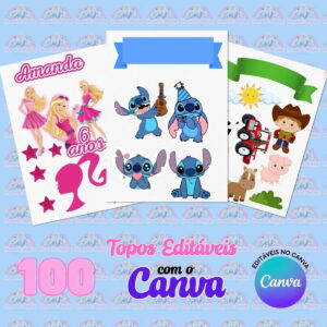 100 topos de bolo editaveis no canva em cartoon infantil