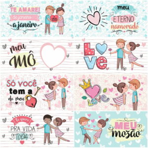 Arte digital com ilustrações de casais, corações e frases românticas em fundo decorado.