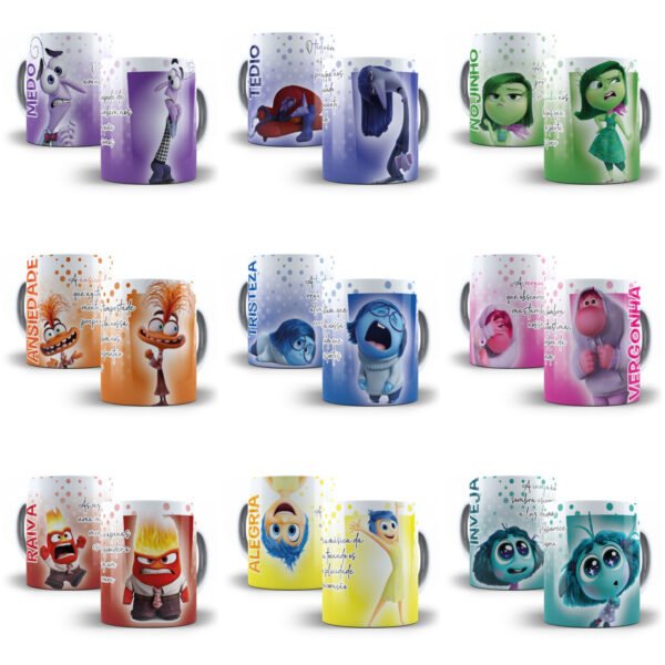 12 Estampas Caneca Divertida Mente Alegria Inveja Vergonha