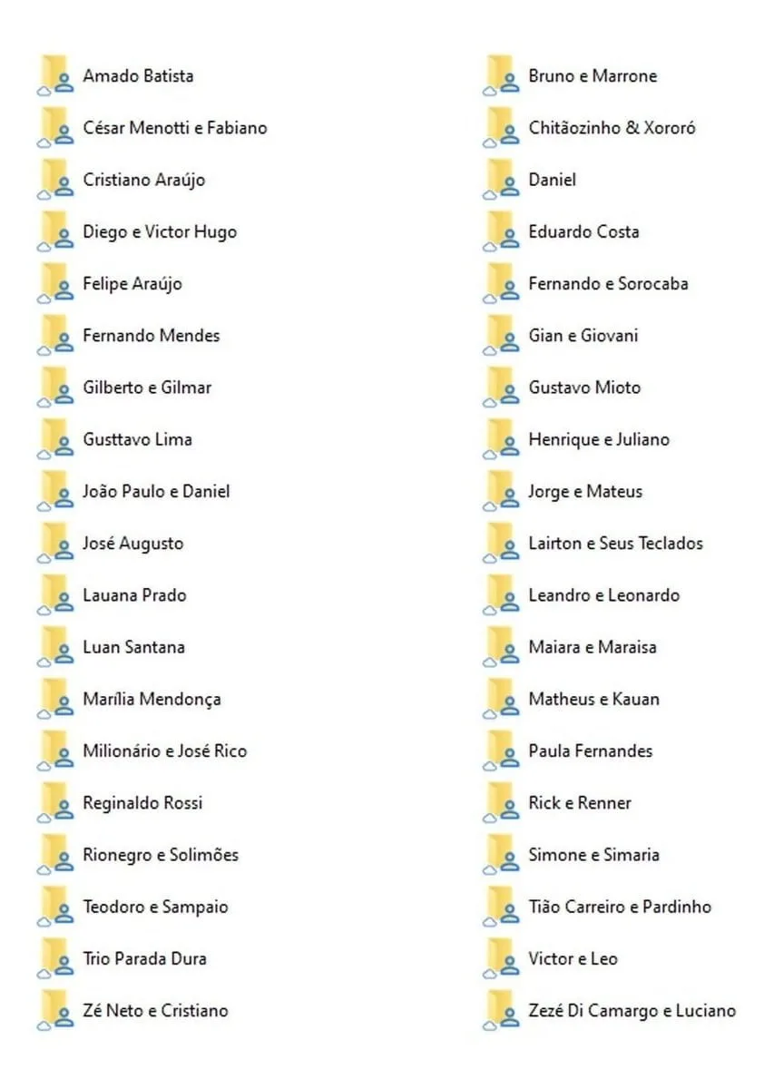 5.000 Cifras Violão Sertanejo Universitário E Raiz 6 Lista organizada de pastas de arquivos digitais com nomes de cantores musicais brasileiros.