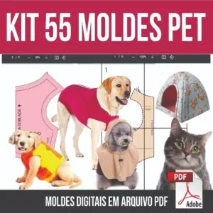 55 Moldes Roupinhas Pet Cachorro Gato Fada Jaqueta Gravata 7 Imagem promocional de kit de moldes digitais em PDF para roupas e acessórios pet.