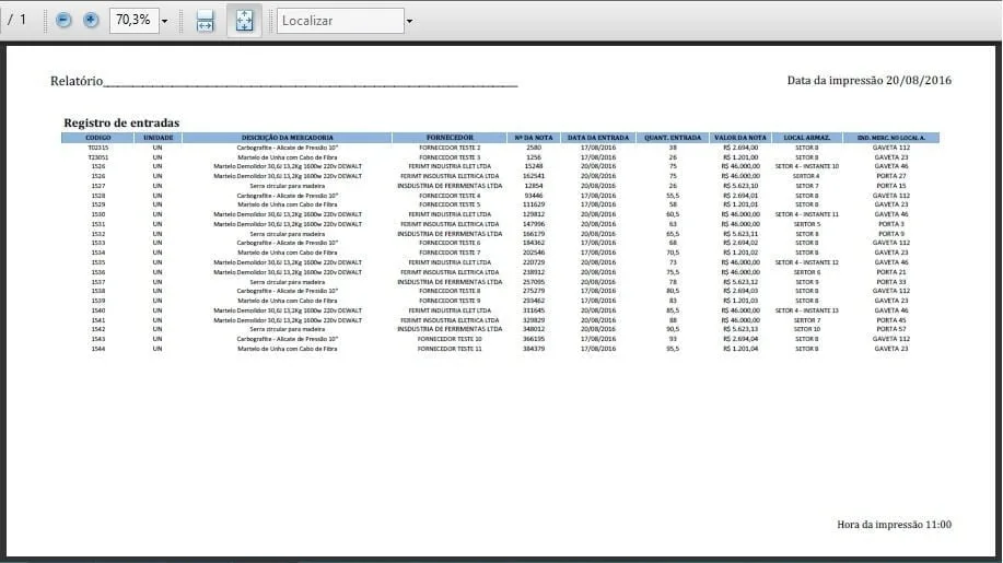 Relatório digital exibindo lista tabular de registro de entradas de mercadorias diversas.