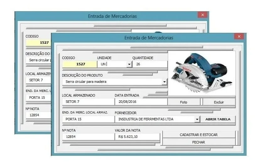 Interface de software com formulário de cadastro de entrada de mercadorias contendo serra circular.