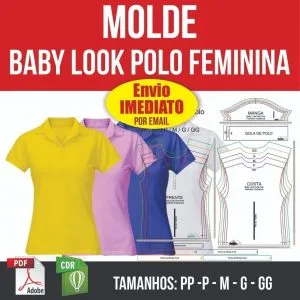 Imagem promocional de molde para baby look polo feminina com camisas coloridas e moldes.
