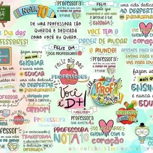 Coleção de mensagens ilustradas com fontes variadas sobre o dia dos professores.