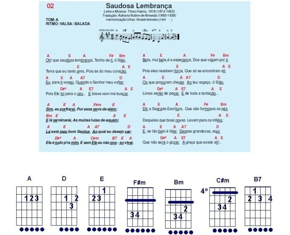 Partitura musical com letra e diagramas de acordes para violão em fundo branco.