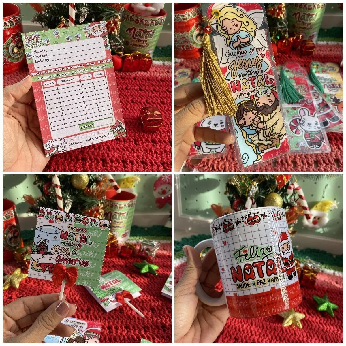 Coleção de itens personalizados com temática de natal sobre superfície vermelha de crochê.