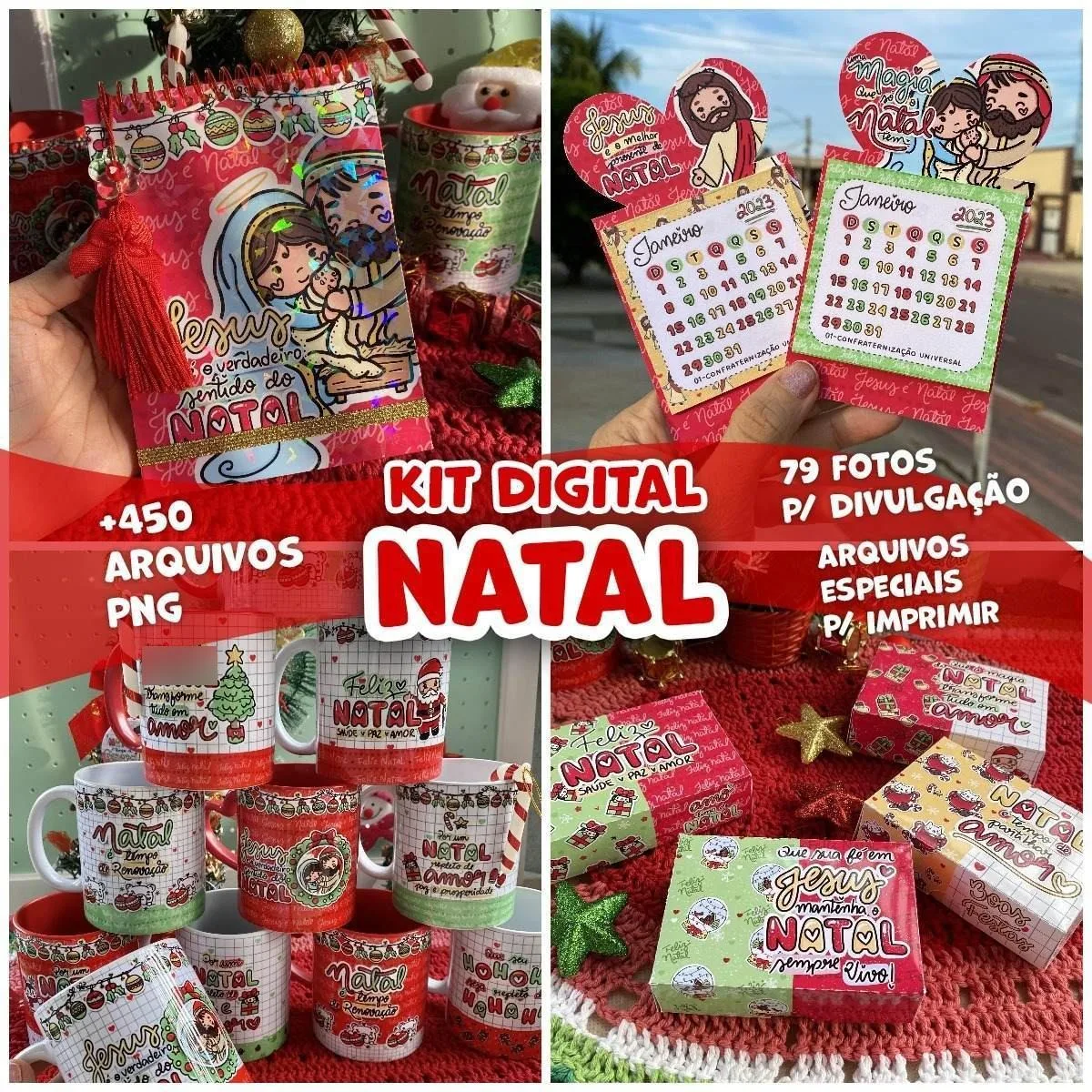 Coleção de artes digitais com temas natalinos para personalização de brindes e calendários.