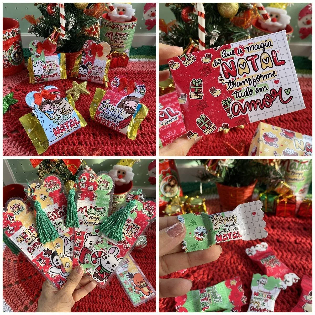 Várias lembrancinhas de papel com ilustrações natalinas e mensagens festivas sobre fundo vermelho.