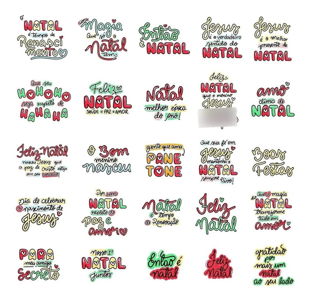 Coleção de frases e mensagens festivas escritas à mão com tipografia colorida.