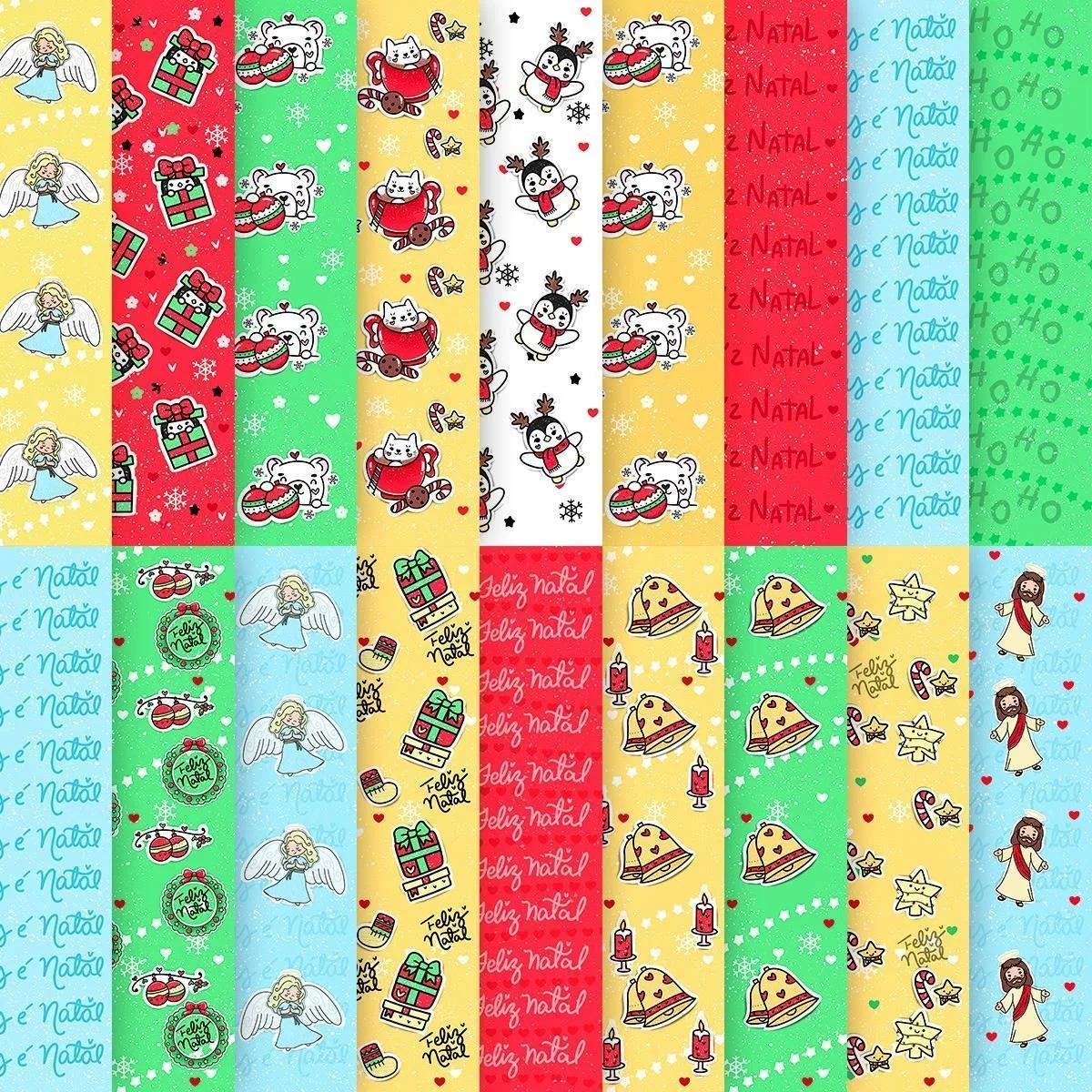Coleção de estampas digitais natalinas com diferentes padrões coloridos e variados.