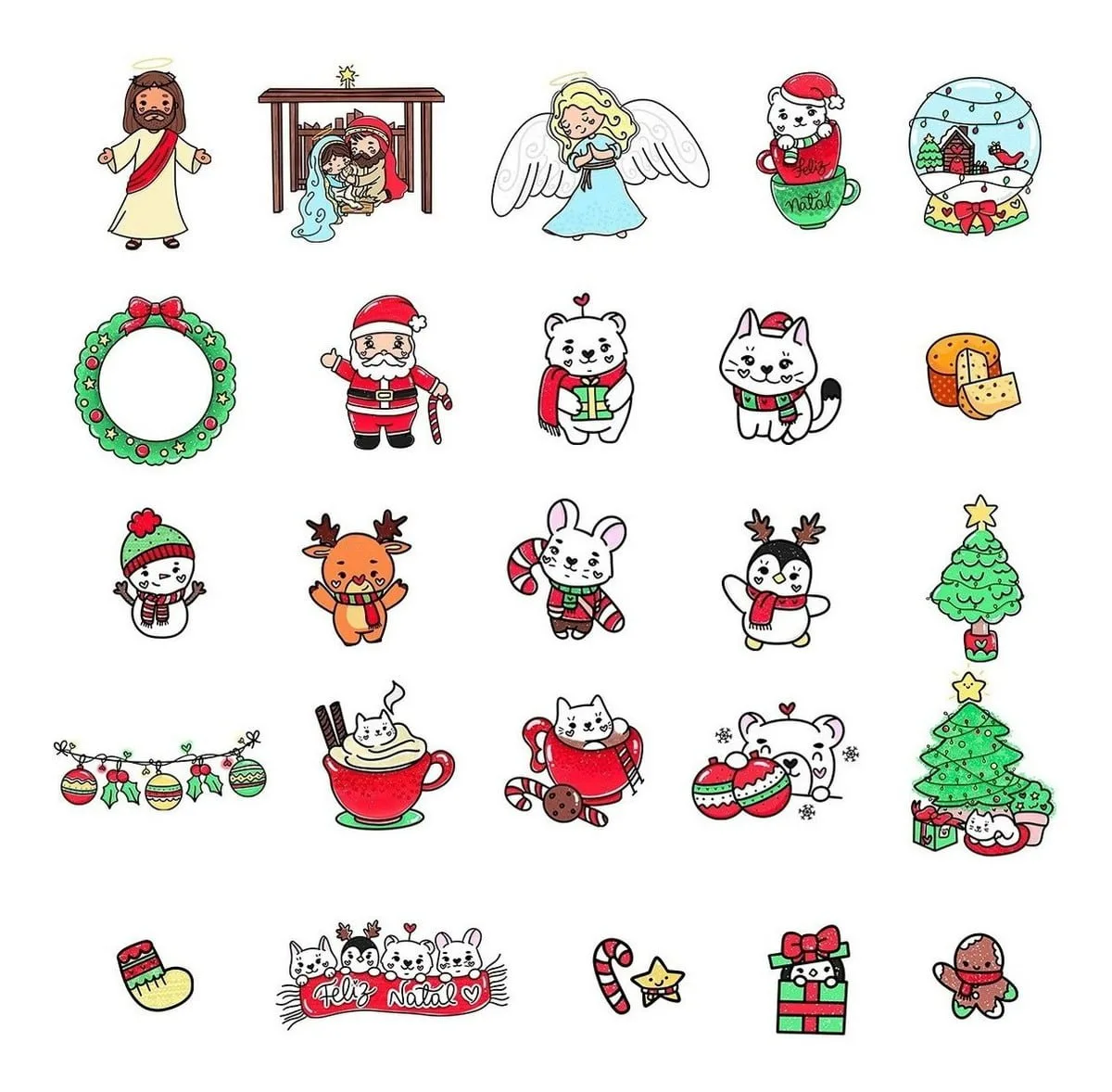 Ilustrações variadas de Natal com personagens fofos, animais, plantas e decorações temáticas.