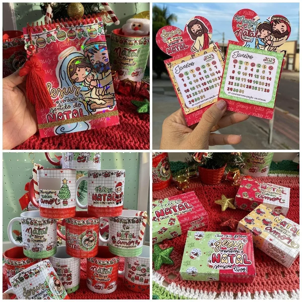 Quatro imagens mostrando blocos de notas, calendários e canecas decorados com tema natalino.