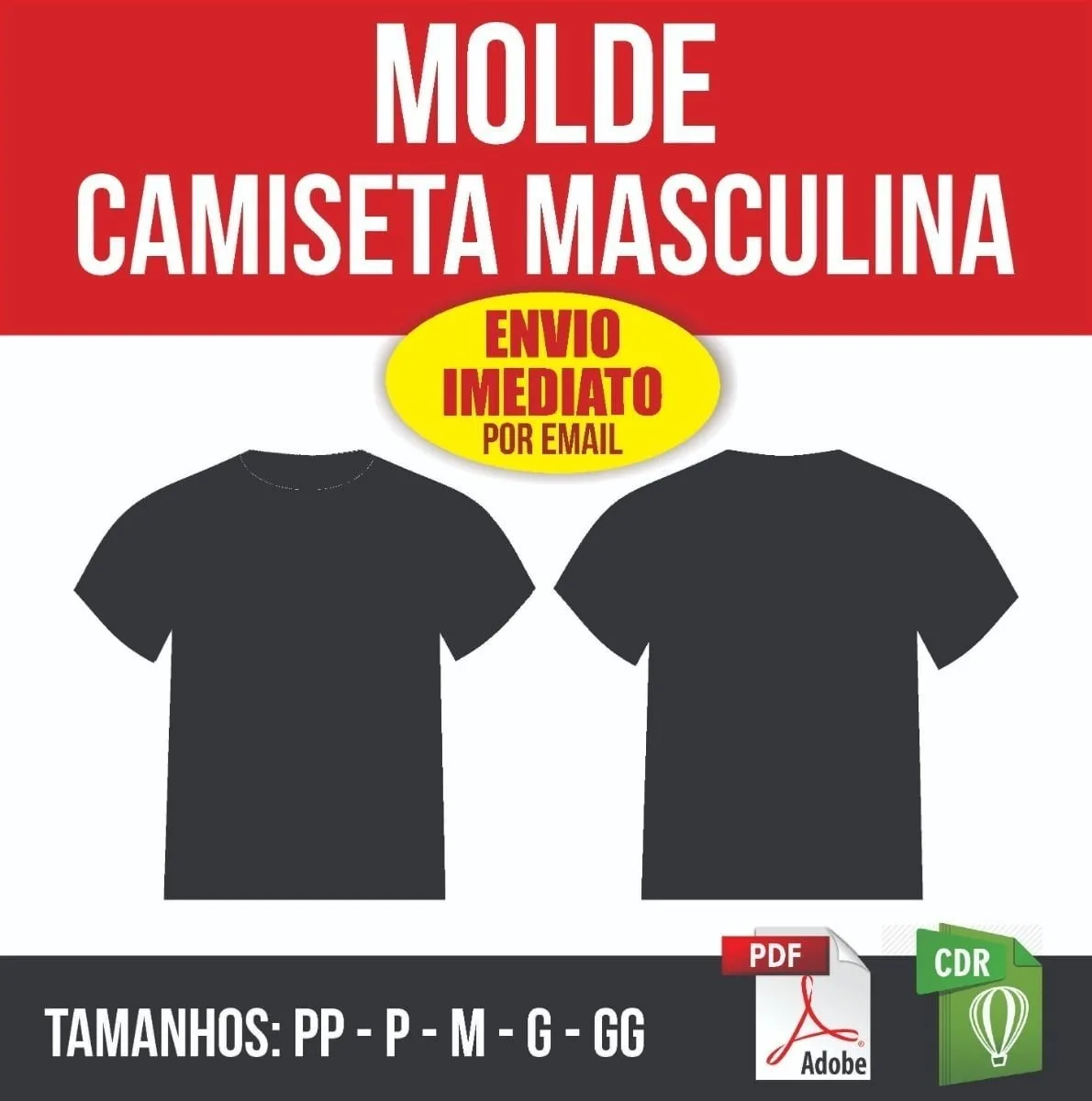 Molde Camiseta Básica Masculina - Tamanho Pp Ao Gg 1 Molde de camiseta masculina preta com tamanhos PP até GG indicados na imagem