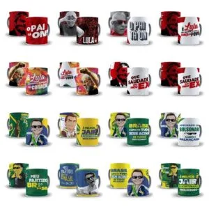 Coleção de canecas brancas estampadas com figuras políticas brasileiras e frases.