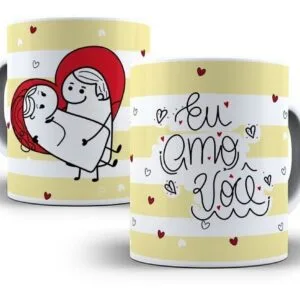 Duas canecas brancas com estampa temática de romance em tons de amarelo e vermelho.