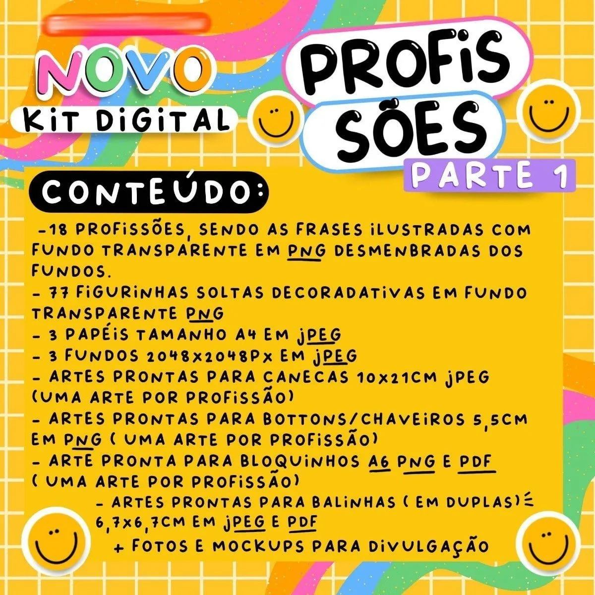Anúncio digital amarelo e rosa com texto explicativo sobre kit de profissões