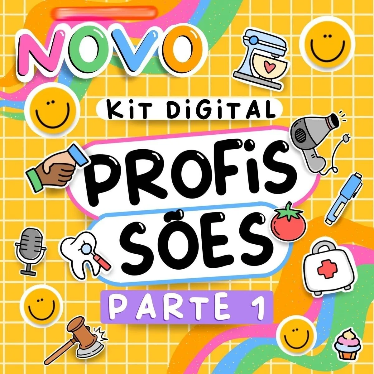 Arte digital com fundo quadriculado amarelo, textos coloridos e vários ícones de profissões.