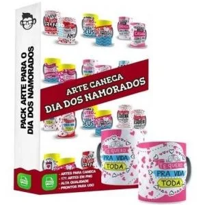 Apresentação visual com diversos modelos de canecas decoradas com estampas românticas.