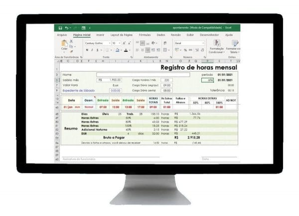 Planilha Cartão De Ponto E Horas Extra Para Funcionários