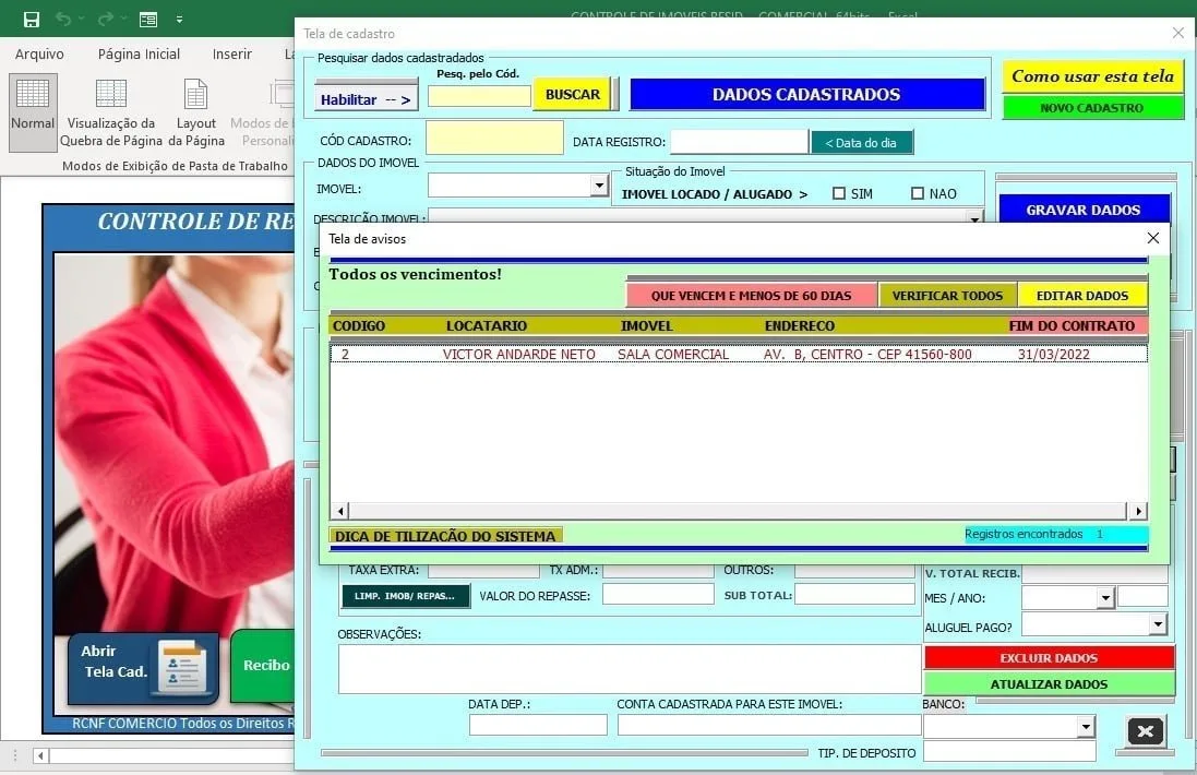 Interface de software administrativo exibindo formulário de controle de cadastro de imóveis.