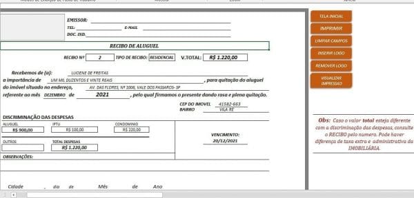 Planilha Excel Controle Aluguel Imóveis Com Recibo Relatório