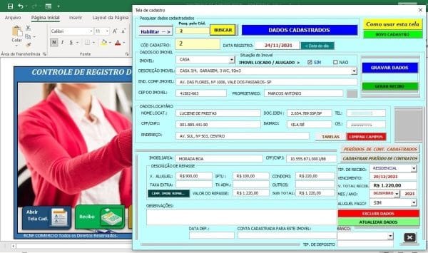 Planilha Excel Controle Aluguel Imóveis Com Recibo Relatório