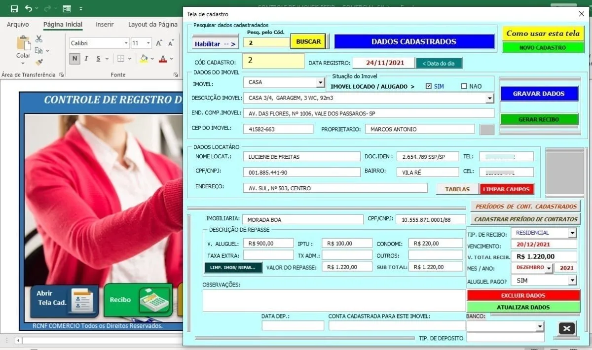 Interface de software com campos de cadastro de imóveis e dados financeiros preenchidos.