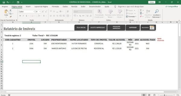 Planilha Excel Controle Aluguel Imóveis Com Recibo Relatório