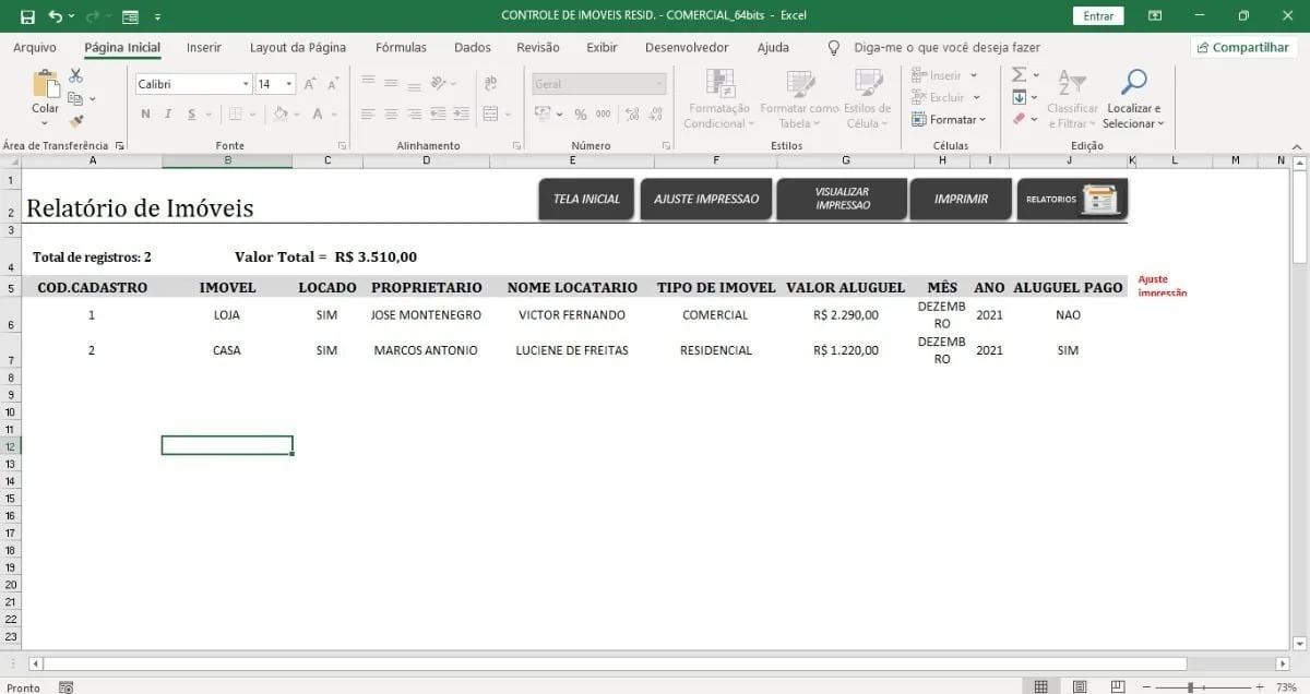 Planilha digital organizada contendo relatório de imóveis e botões de navegação no topo.