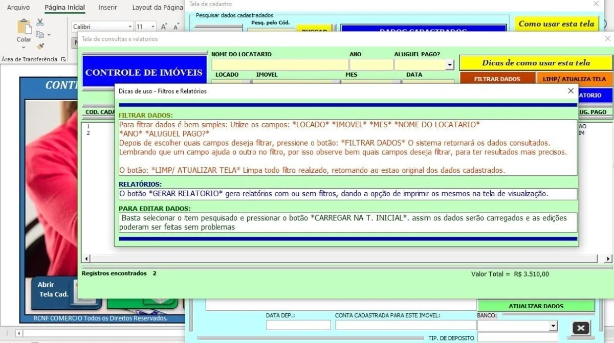 Interface de um software de controle de imóveis com janelas explicativas abertas.