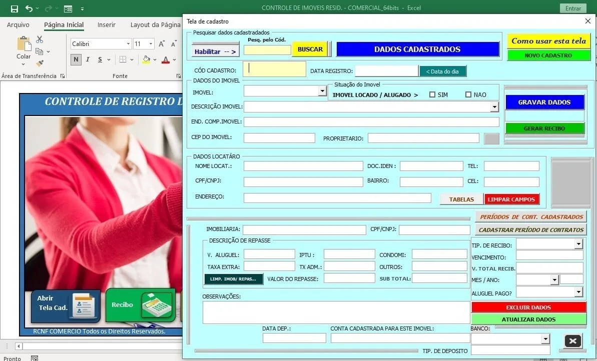 Interface de software de controle imobiliário sobreposta a uma planilha de computador