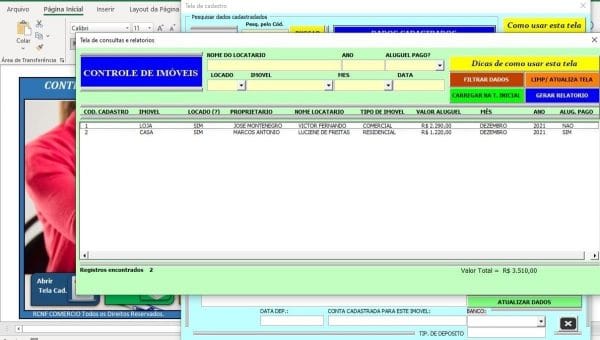 Planilha Excel Controle Aluguel Imóveis Com Recibo Relatório