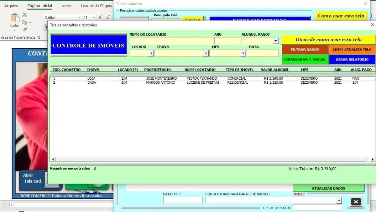 Interface de software para controle e cadastro de aluguel de diversos tipos de imóveis.