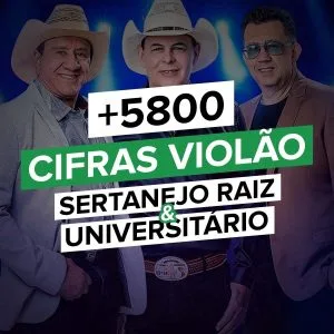 Sertanejo Raiz & Universitário Cifrado P/ Violão + Acordes 9 Três homens usando chapéus de cowboy e blazers em fundo azul com textos publicitários.