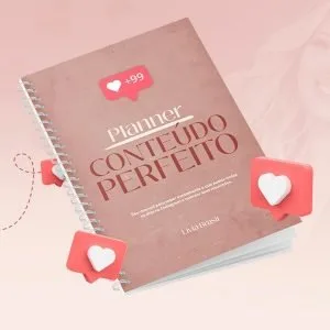 Arquivo Pdf Planner Conteúdo Perfeito Lívia Brasil 11 Caderno espiral com capa rosa contendo texto e ícones de coração flutuando.