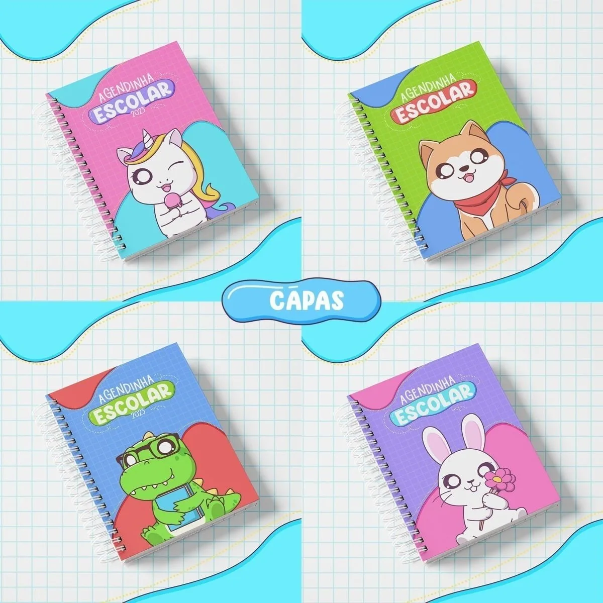 Combo Digital Agendinha Escolar 2023 Unicórnio Coelho