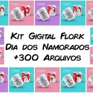 Arte digital com várias canecas brancas estampadas com desenhos românticos coloridos.