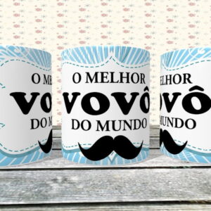 Tres canecas brancas com estampa azul escrita o melhor vovo do mundo sobre madeira.