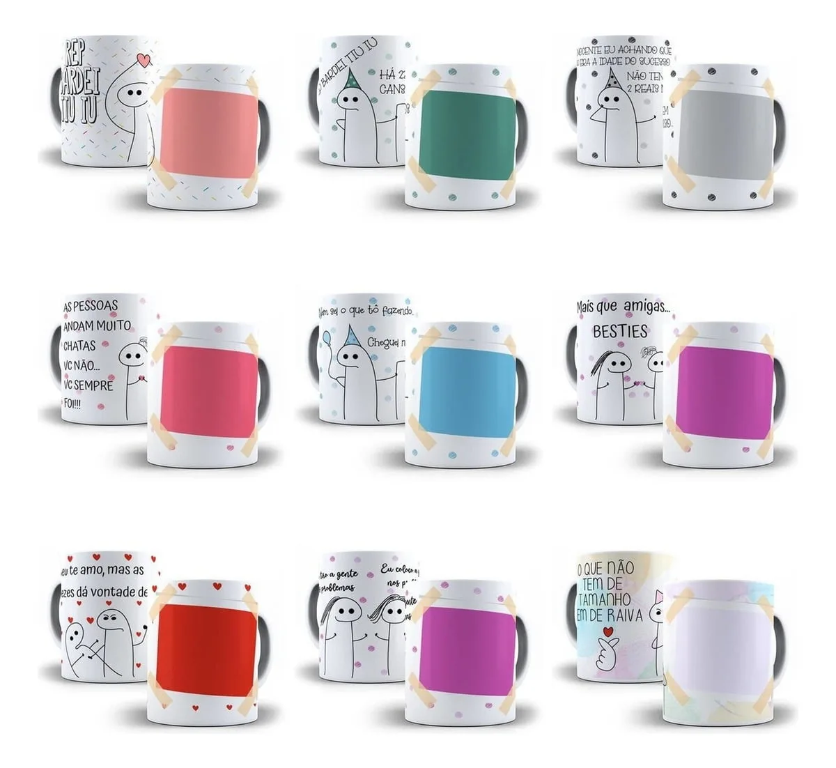 30 Estampas Caneca Flork Bento Editável Em Corel Sublimação 2 Coleção de canecas brancas estampadas com desenhos engraçados e frases divertidas.