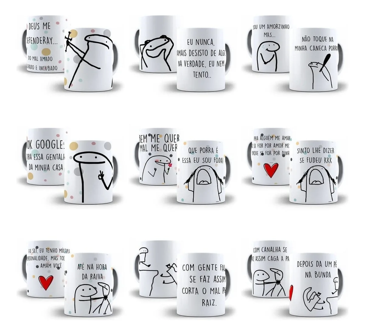 30 Estampas Caneca Flork Bento Editável Em Corel Sublimação 1 Coleção de canecas brancas estampadas com desenhos divertidos de traços pretos e frases em português.