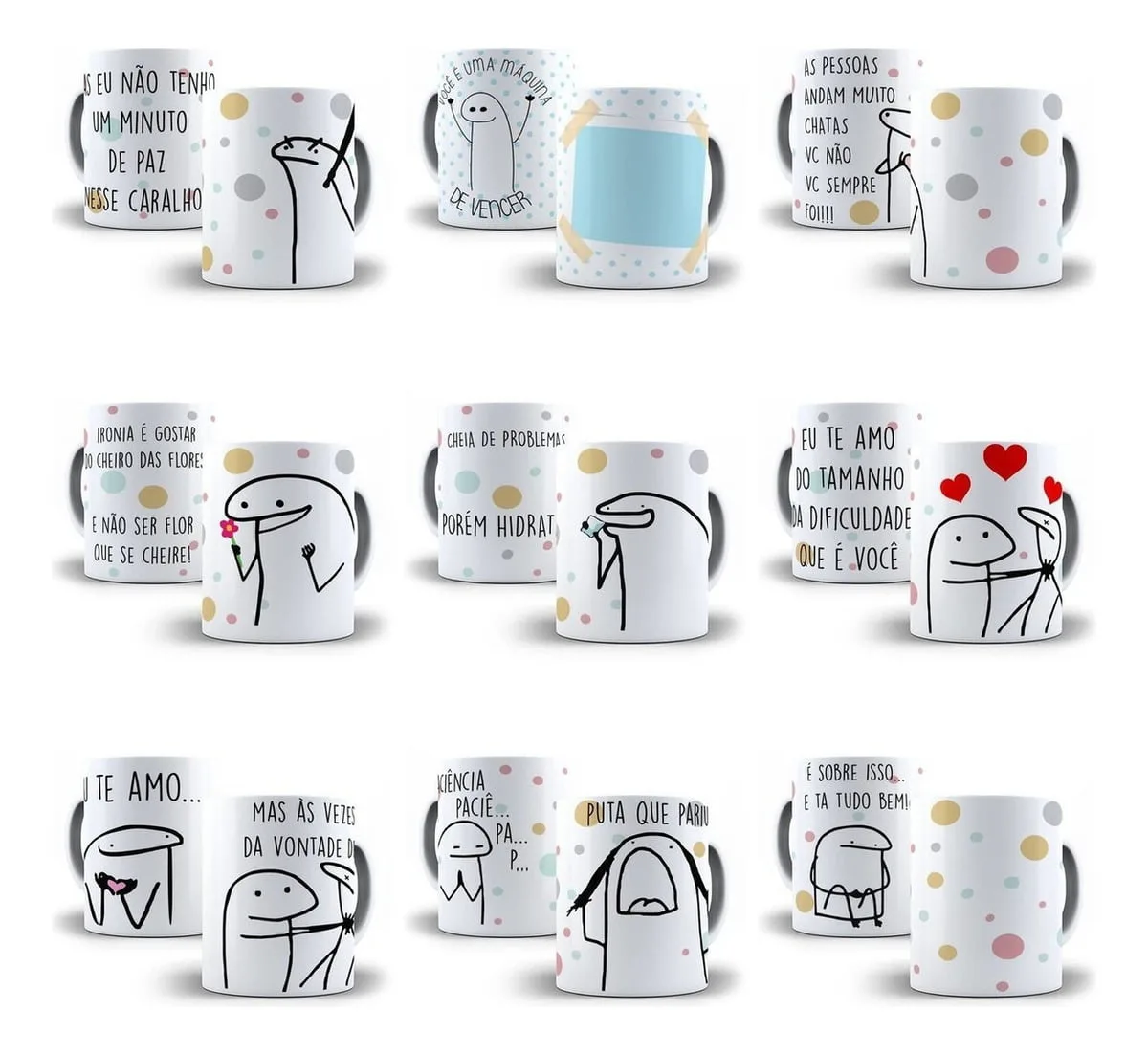 30 Estampas Caneca Flork Bento Editável Em Corel Sublimação 3 Coleção de canecas brancas estampadas com desenhos divertidos de bonecos de palito e frases.