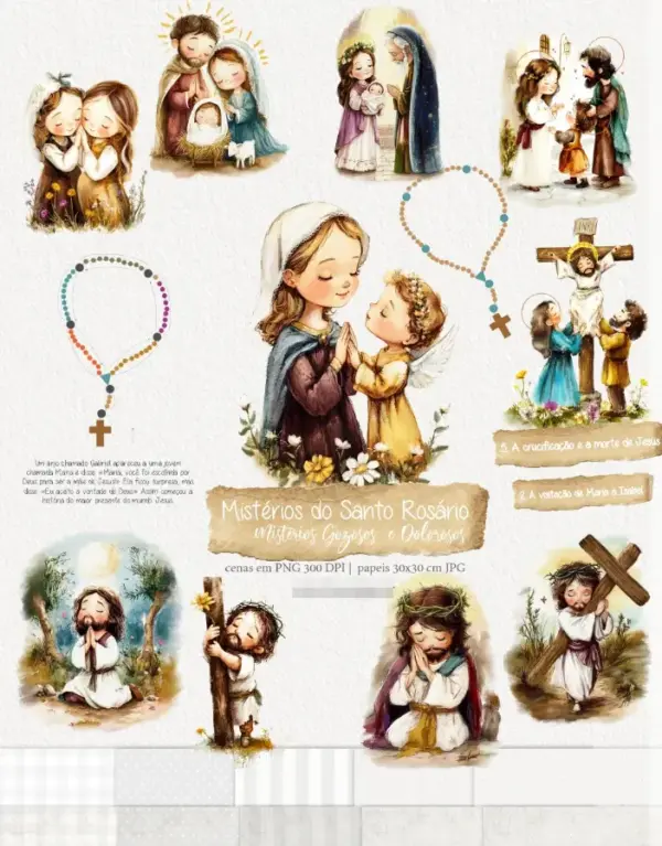 Arquivos PNG Rosário Gozosos e Dolorosos Aquarela