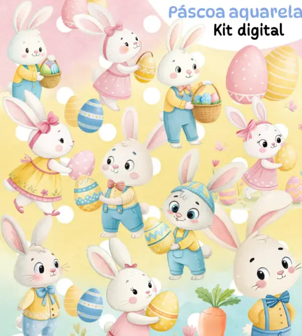 Kit Páscoa Aquarela Coelhinhos PNG para Lembranças Personalizadas
