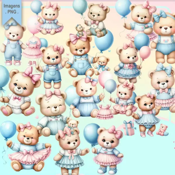 Kit PNG Ursinhas Fofas Azul Rosa para Sublimação