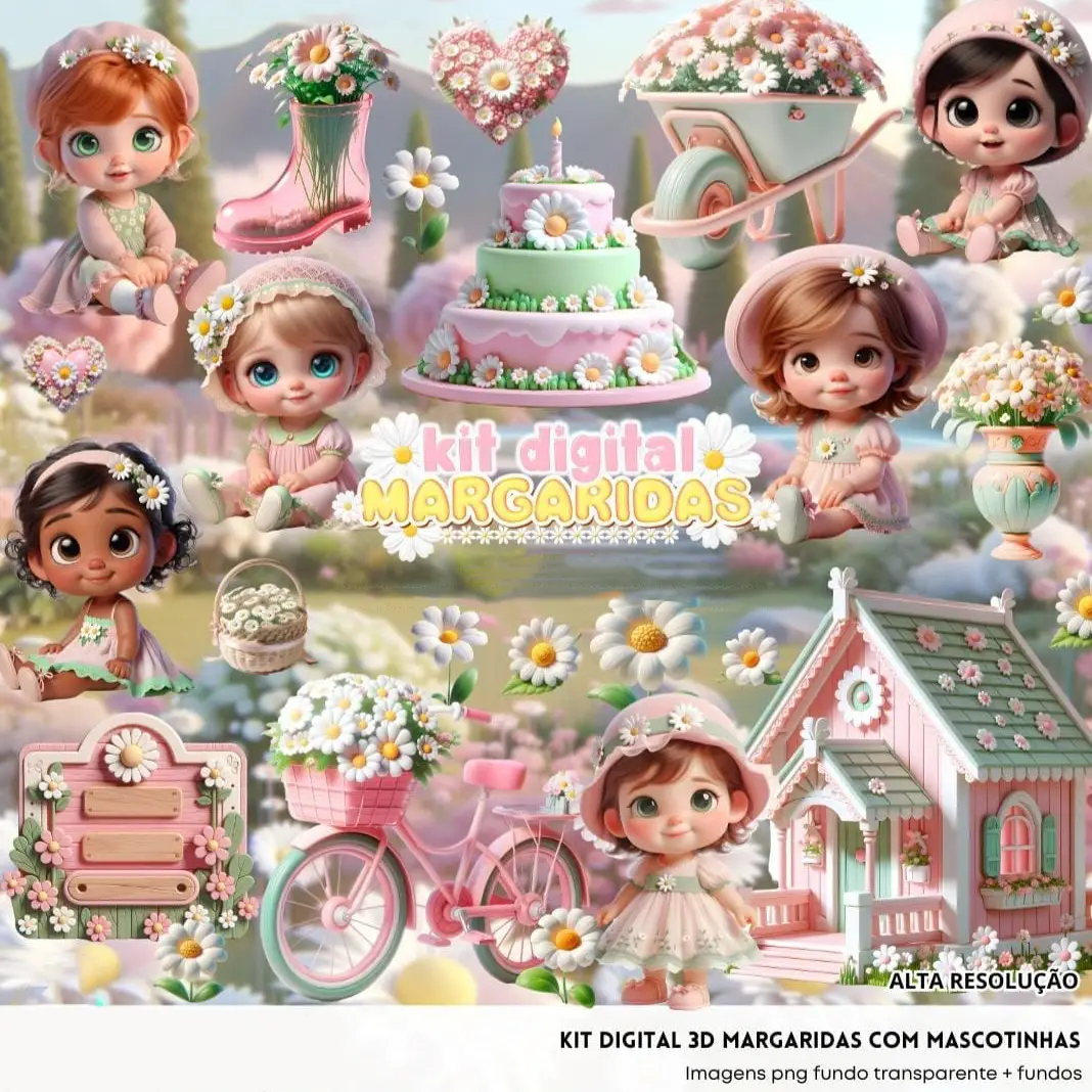 Arquivos PNG Margaridas e Mascotinhas 3D Scrapbook Digital 1 Arquivos PNG Margaridas e Mascotinhas 3D Scrapbook Digital