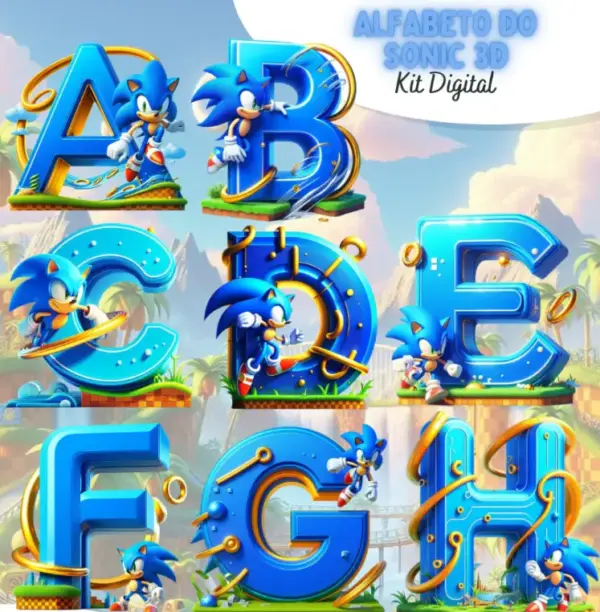 Kit Alfabeto Sonic 3D PNG para Sublimação e Scrapbook