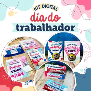 Arte digital com lembranças decoradas para o dia do trabalhador em fundo colorido.